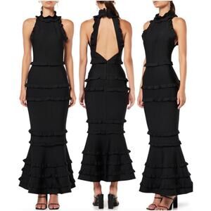 ELLIATT | Theatrical Fitted Maxi Gown Black Stretch Ruffle High Neck | Medium
